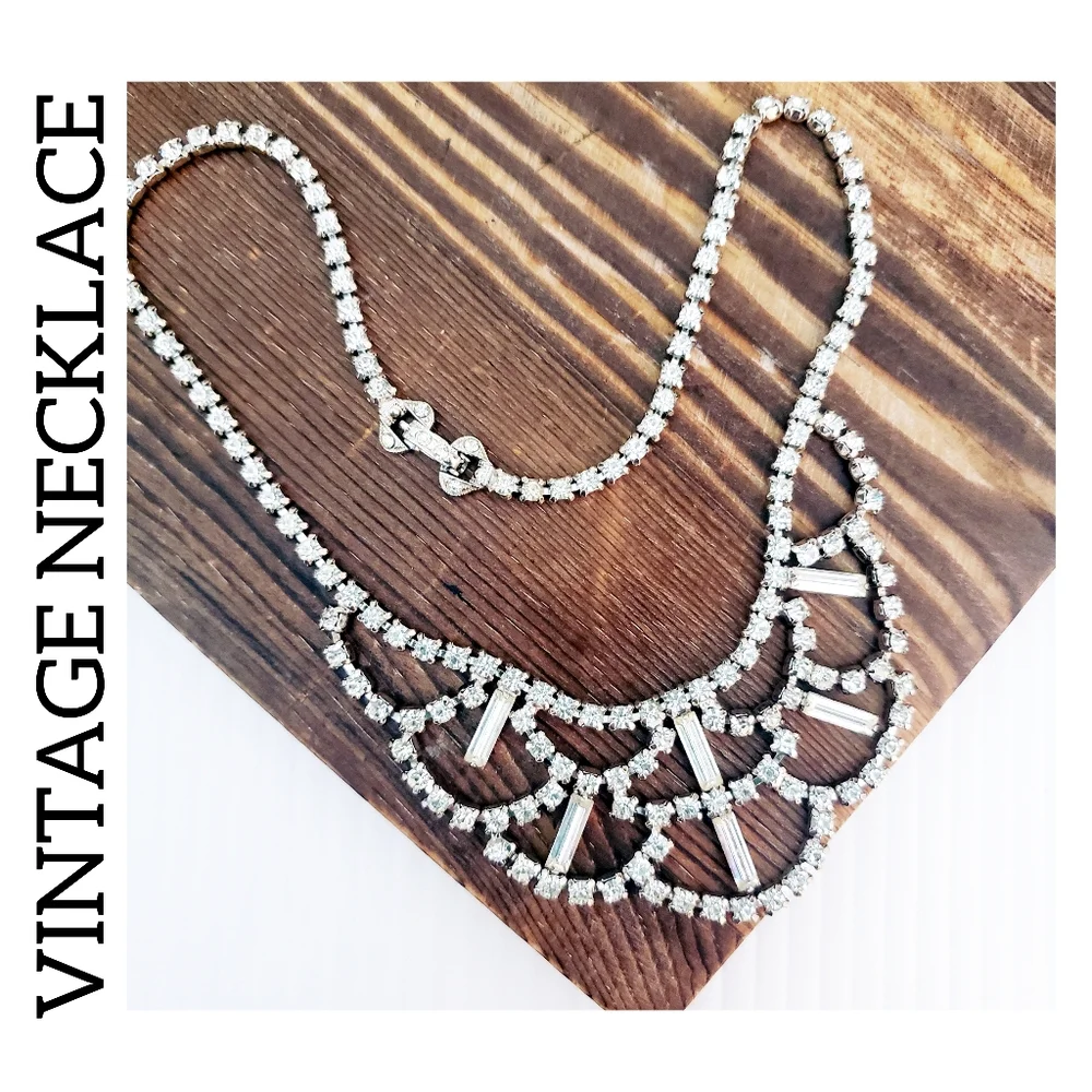 Vintage Rhinestone Statement Bib Necklace Silvertone